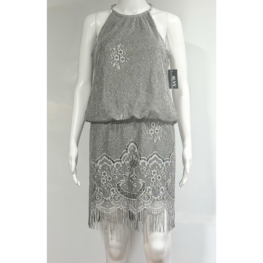 S.L. FASHIONS Women's Blouson Halter Crochet Dress Flapper Fringe Sz 6P Silver
